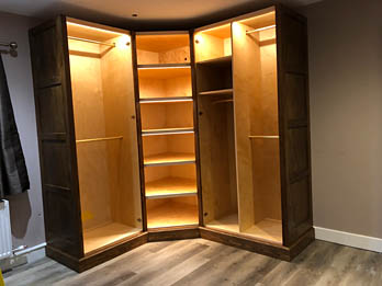 Corner wardrobe interior, handmade in Shropshire