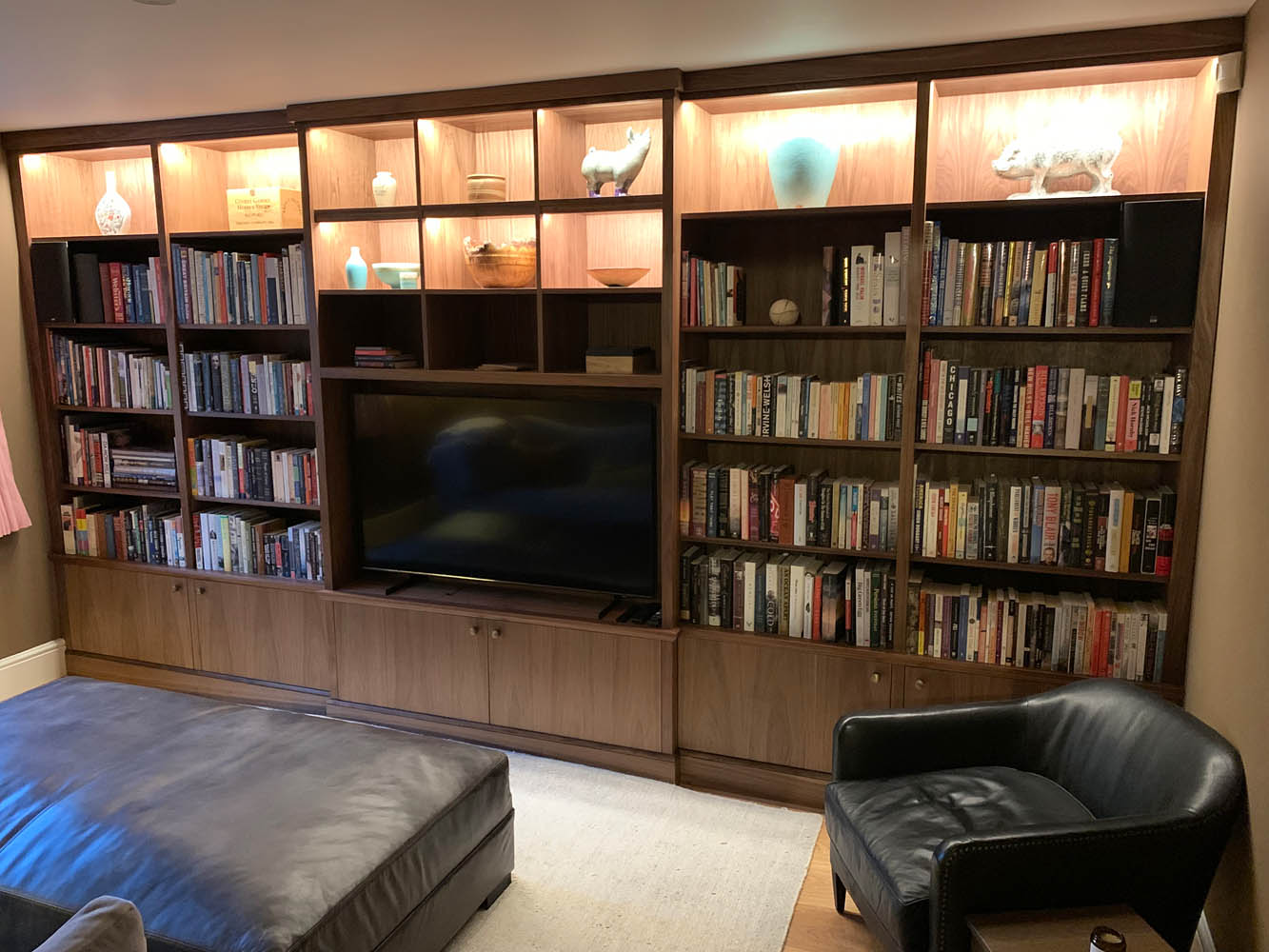 Walnut bookcase and TV unit with lighting, handmade in Shropshire