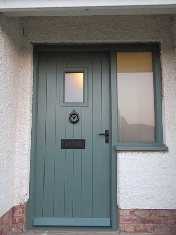 Painted hardwood front door with inset privacy glass panel, handmade in Shropshire