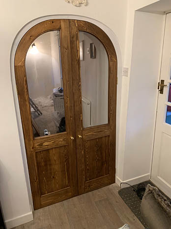 Pair of arched internal glazed pine doors, handmade in Shropshire