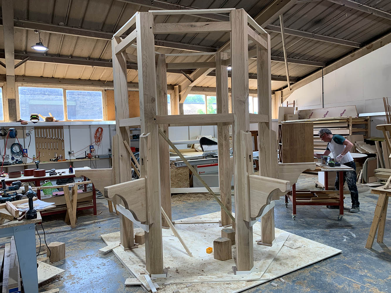 Arbor Tree oak bench under construction in Shropshire
